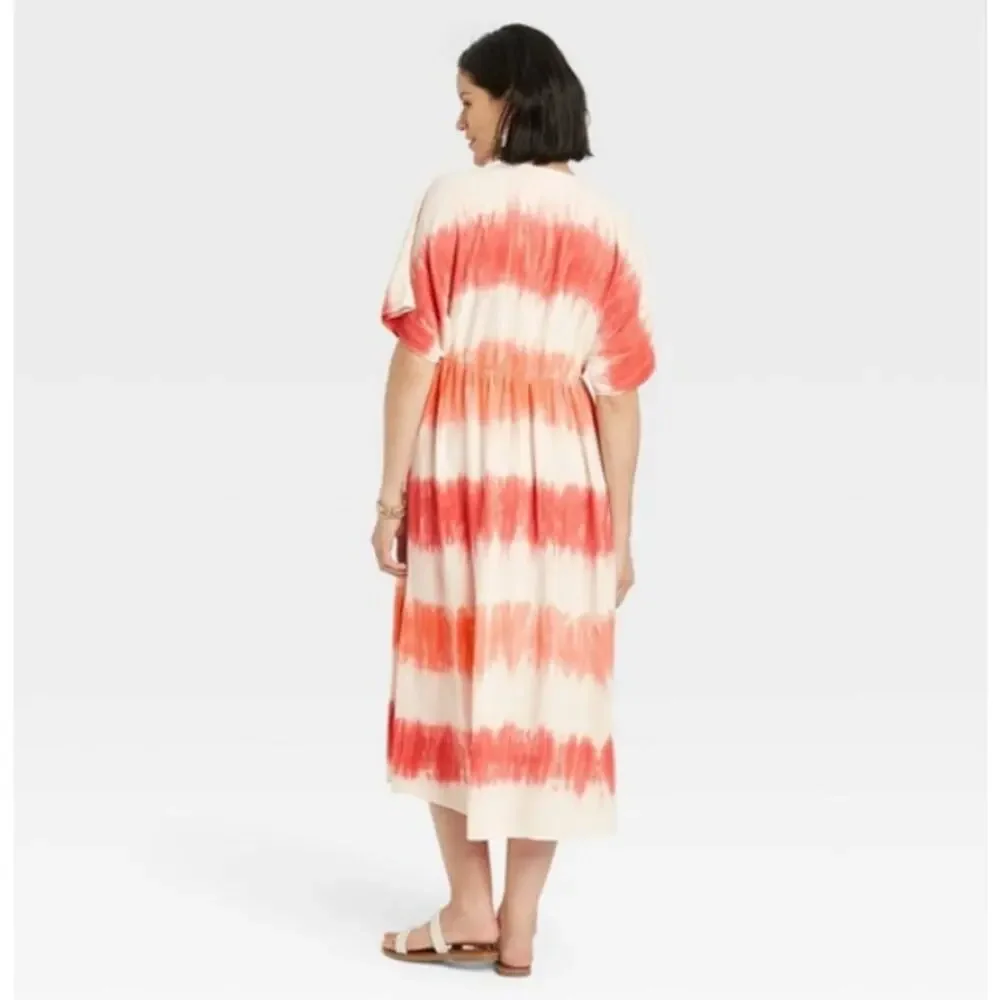 Knox Rose Tie-Dye Cream Orange Boho Style V-Neck Maxi Dress Sz XL - Picture 2 of 7